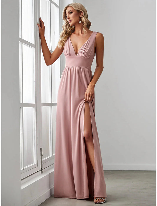 A-Line Prom Party Dress High Split Dress Wedding Guest Formal Evening Floor Length Sleeveless V Neck Bridesmaid Dress Chiffon V Back with Slit Pure Color by YiHuiw