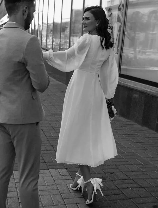 Reception Little White Dresses Wedding Dresses A-Line V Neck Long Sleeve Ankle Length Chiffon Bridal Gowns With Solid Color by YiHuiw