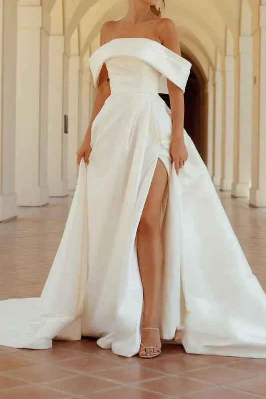 A-Line Satin Floor-Length Wedding Dress - Yihuiw by Yihuiw