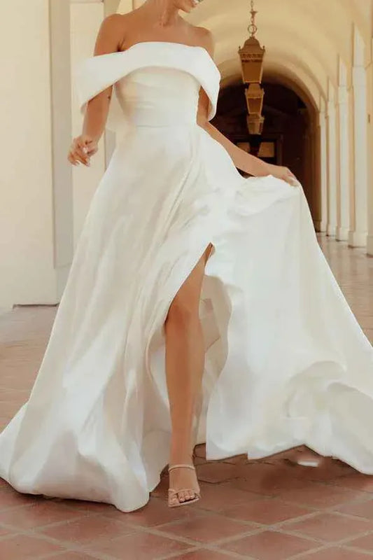 A-Line Satin Floor-Length Wedding Dress - Yihuiw by Yihuiw