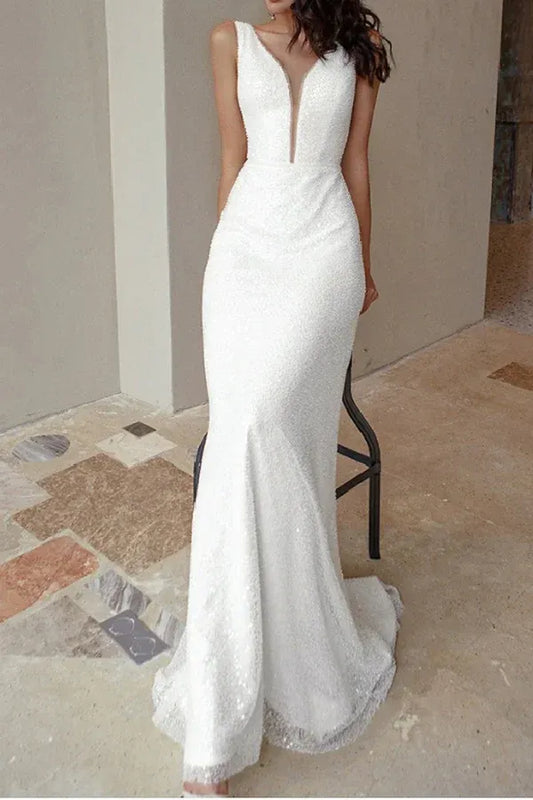 Mermaid V-Neck Sleeveless Floor-Length Wedding Dress - Yihuiw by Yihuiw