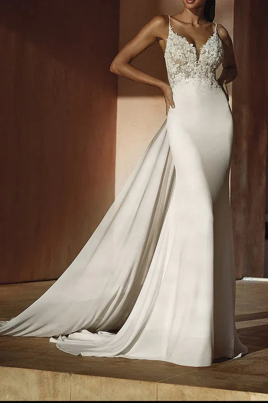 Mermaid V-Neck Floor-Length Wedding Dress - Yihuiw by Yihuiw