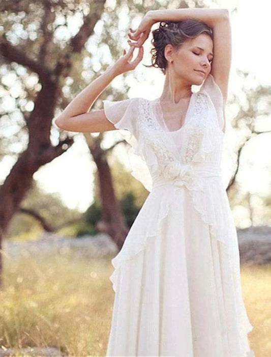 Beach Boho Wedding Dresses A-Line V Neck Short Sleeve Floor Length Chiffon Bridal Gowns With Beading Appliques Summer Wedding Party by YiHuiw