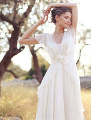 Beach Boho Wedding Dresses A-Line V Neck Short Sleeve Floor Length Chiffon Bridal Gowns With Beading Appliques Summer Wedding Party