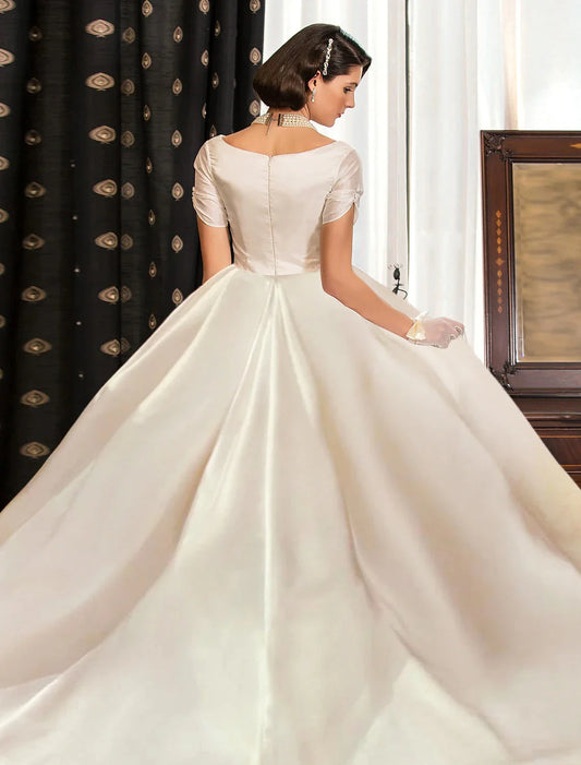 Engagement Formal Fall Wedding Dresses Ball Gown V Neck Short Sleeve Court Train Satin Bridal Gowns With Ruched Solid Color Summer Wedding Party, Women‘s Clothing by YiHuiw