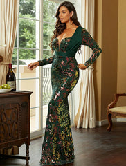Mermaid / Trumpet Evening Gown Sexy Dress Formal Floor Length Long Sleeve V Neck Polyester with Sequin