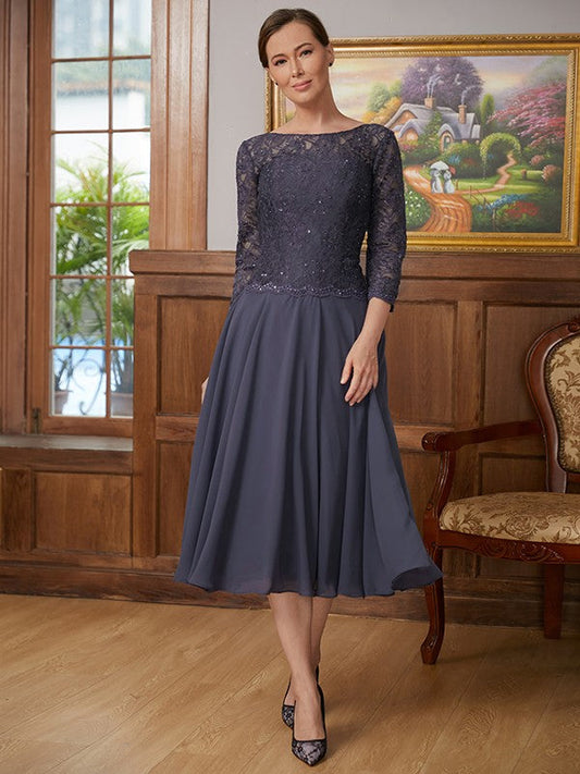 A-Line/Princess Chiffon Lace Scoop 3/4 Sleeves Tea-Length Mother of the Bride Dresses by YiHuiw