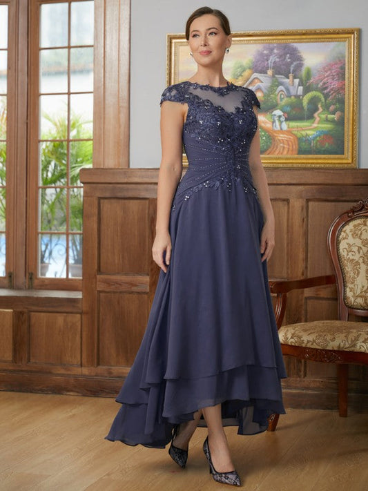 A-Line/Princess Chiffon Applique Scoop Short Sleeves Asymmetrical Mother of the Bride Dresses by YiHuiw