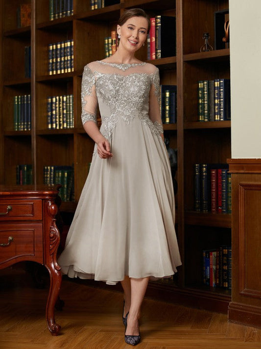 A-Line/Princess Chiffon Lace Scoop 3/4 Sleeves Tea-Length Mother of the Bride Dresses by YiHuiw