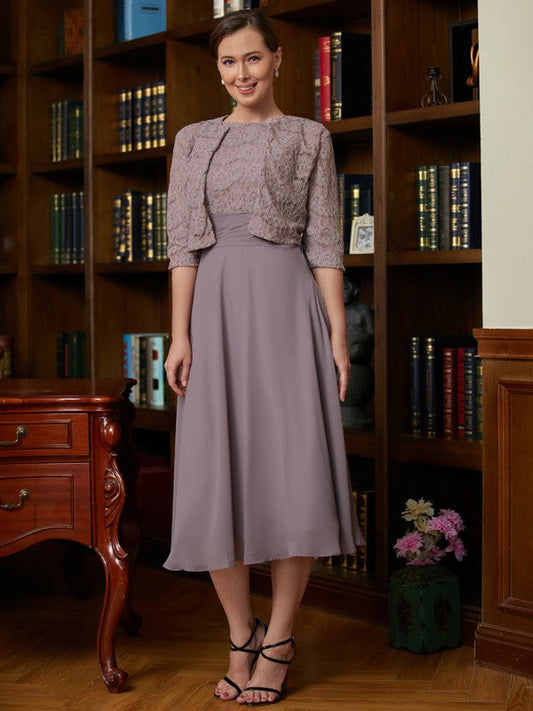 A-Line/Princess Chiffon Lace Scoop Sleeveless Tea-Length Mother of the Bride Dresses by YiHuiw