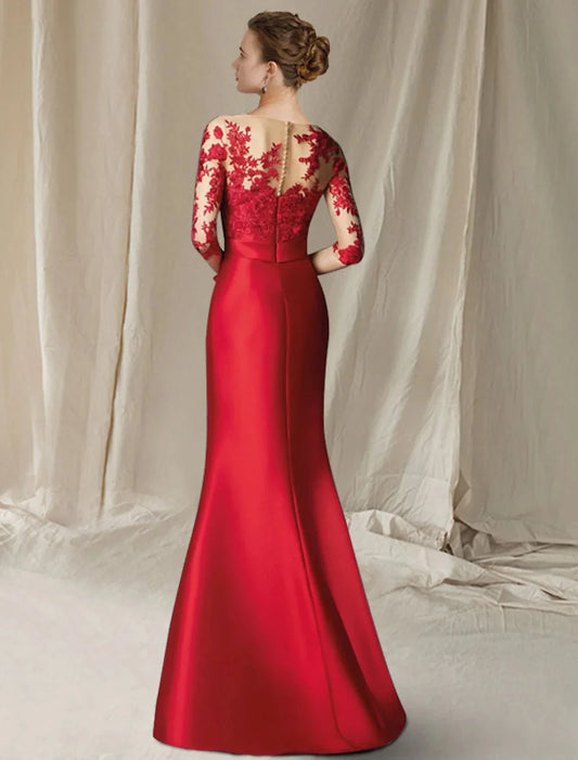 Mermaid / Trumpet Mother of the Bride Dress Plus Size Elegant Jewel Neck Floor Length Satin Lace Half Sleeve with Bow(s) Appliques by YiHuiw