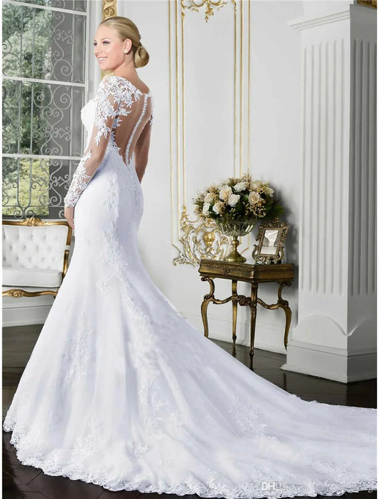Engagement Formal Fall Wedding Dresses Mermaid / Trumpet Illusion Neck Long Sleeve Court Train Lace Bridal Gowns With Summer Wedding Party Women‘s Clothing by YiHuiw