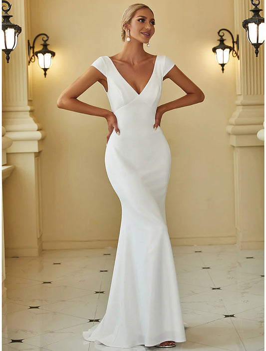 Reception Casual Wedding Dresses Mermaid / Trumpet V Neck Cap Sleeve Sweep / Brush Train Fabric Bridal Gowns With Draping Solid Color Summer Wedding Party Women's Clothing