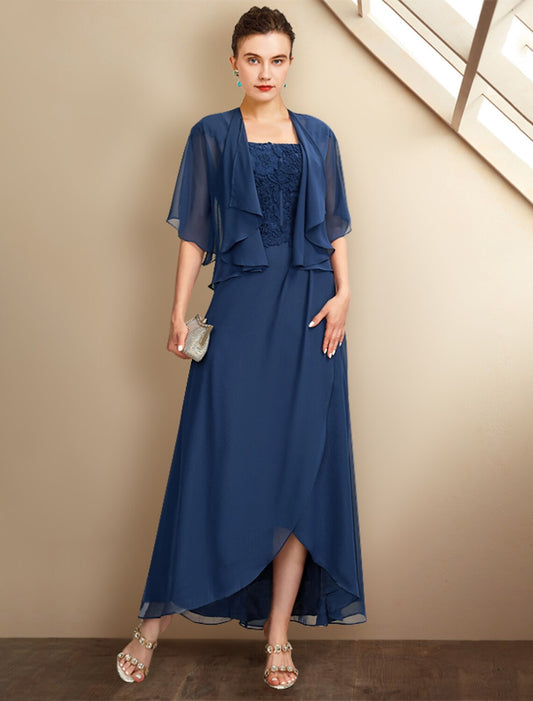 Two Piece A-Line Mother of the Bride Dress Church Plus Size Elegant High Low Square Neck Asymmetrical Tea Length Chiffon Lace Short Sleeve Wrap Included with Appliques by YiHuiw