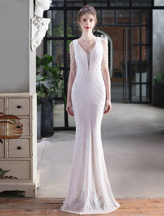 Mermaid / Trumpet Evening Gown Sparkle & Shine Dress Formal Wedding Guest Floor Length Sleeveless V Neck Sequined with Fringe Sequin Tassel by YiHuiw