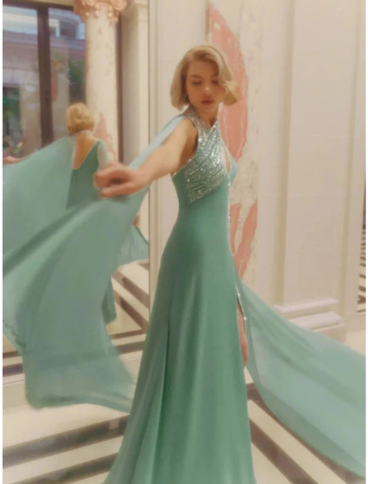 A-Line Evening Gown Elegant Dress Formal Court Train Sleeveless V Neck Sequined with Glitter Pleats Slit by YiHuiw