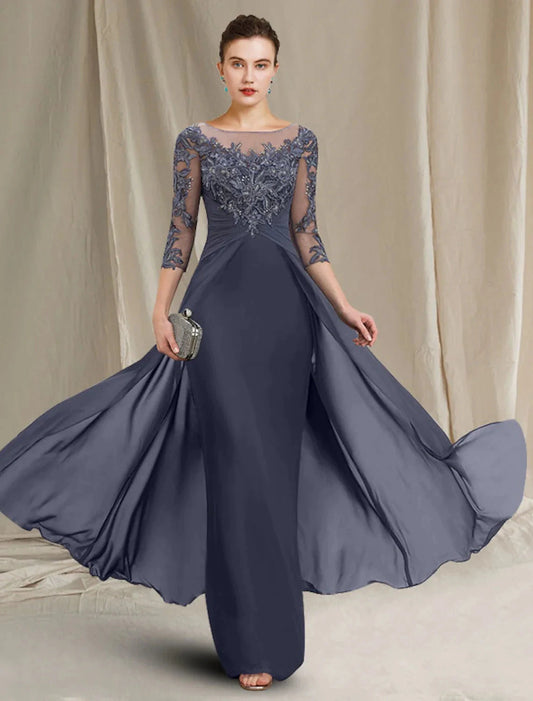 Sheath / Column Mother of the Bride Dress Elegant Jewel Neck Floor Length Chiffon Lace 3/4 Length Sleeve with Appliques by YiHuiw