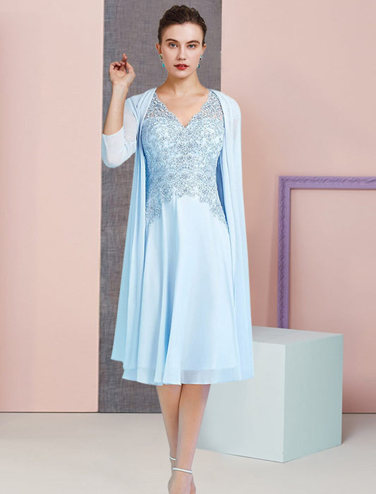 A-Line Mother of the Bride Dress Formal Wedding Guest Vintage Elegant V Neck Knee Length Chiffon Lace 3/4 Length Sleeve Jacket Dresses with Beading Sequin Appliques by YiHuiw