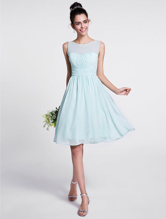 A-Line Bridesmaid Dress Scoop Neck Sleeveless Knee Length Chiffon with Ruched / Draping by YiHuiw
