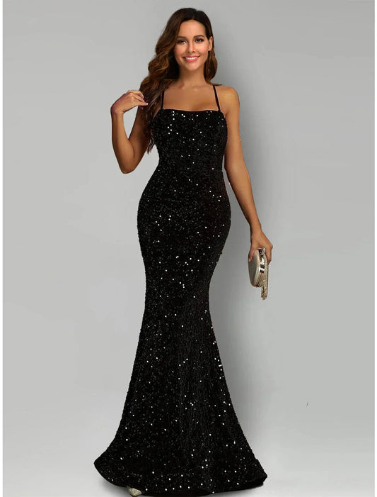 Mermaid / Trumpet Evening Gown Black Dress Formal Sweep / Brush Train Sleeveless Halter Sequined with Sequin by YiHuiw
