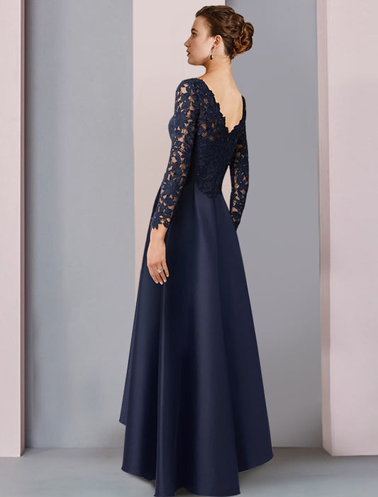 A-Line Mother of the Bride Dress Formal Wedding Guest Elegant High Low V Neck Asymmetrical Tea Length Satin Lace Long Sleeve with Pleats Appliques by YiHuiw