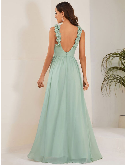 A-Line Wedding Guest Dresses Open Back Dress Formal Black Tie Floor Length Sleeveless Jewel Neck Bridesmaid Dress Chiffon with Pleats Shouder Flower by YiHuiw