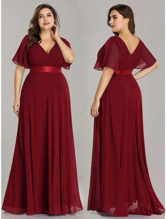 A-Line Empire Fall Wedding Guest Dress For Bridesmaid Plus Size Formal Evening Dress V Neck Short Sleeve Floor Length Chiffon with Pleats Ruched by YiHuiw