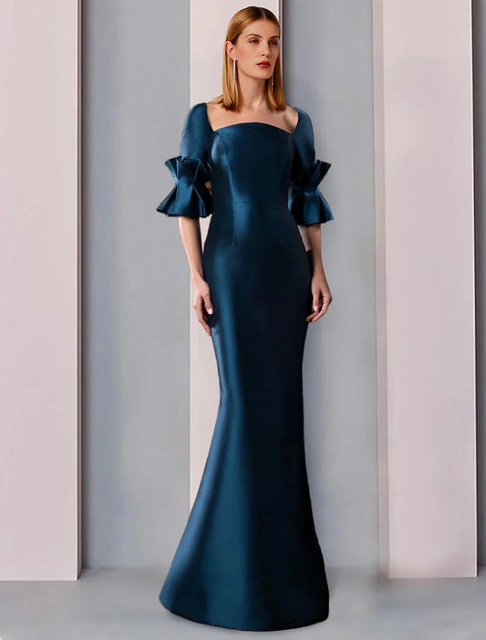 Sheath / Column Mother of the Bride Dress Formal Wedding Guest Party Elegant Square Neck Floor Length Satin Half Sleeve with Ruching by YiHuiw