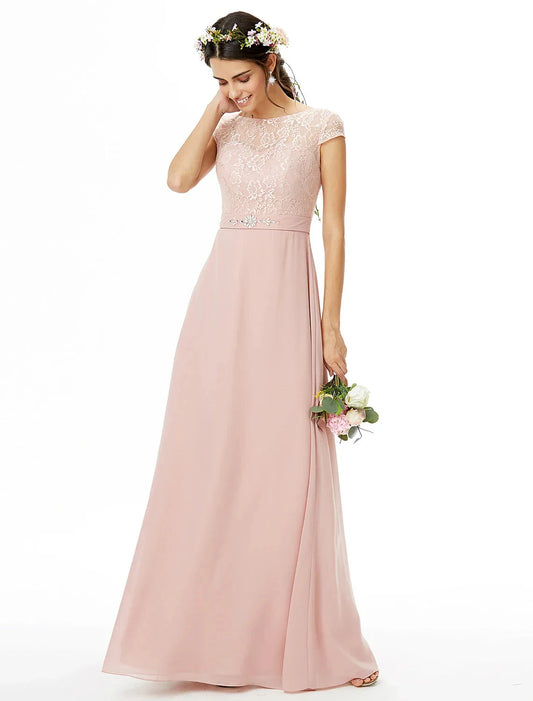 Sheath / Column Bridesmaid Dress Bateau Neck Short Sleeve Elegant Floor Length Chiffon / Lace with Lace / Sash / Ribbon / Bow(s) by YiHuiw