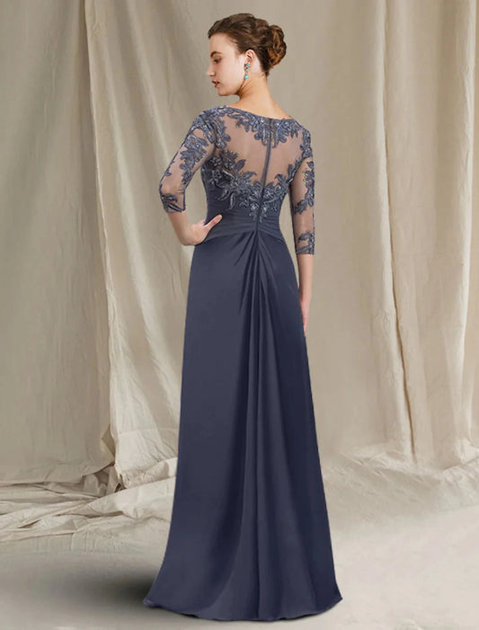 Sheath / Column Mother of the Bride Dress Elegant Jewel Neck Floor Length Chiffon Lace 3/4 Length Sleeve with Appliques by YiHuiw