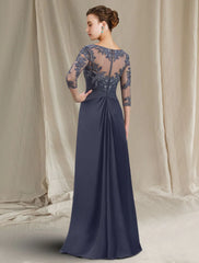 Sheath / Column Mother of the Bride Dress Elegant Jewel Neck Floor Length Chiffon Lace 3/4 Length Sleeve with Appliques