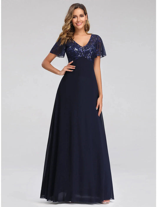 A-Line Wedding Guest Dresses Elegant Dress Fall Floor Length Short Sleeve V Neck Bridesmaid Dress Tulle with Sequin Appliques by YiHuiw