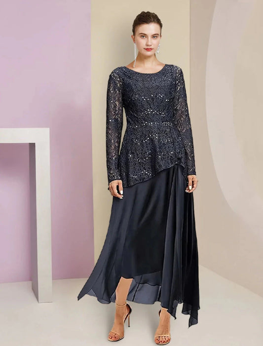 A-Line Mother of the Bride Dress Formal Wedding Guest Elegant High Low Scoop Neck Asymmetrical Tea Length Chiffon Lace Long Sleeve with Pleats Ruched by YiHuiw