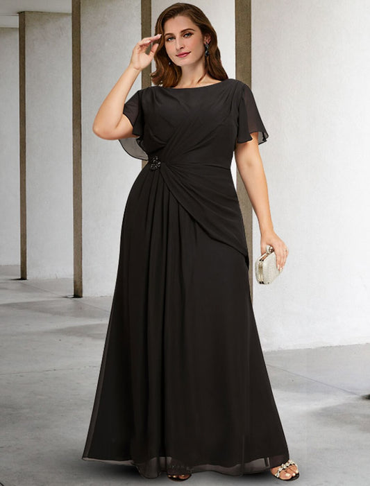 A-Line Mother of the Bride Dresses Plus Size Hide Belly Curve Elegant Dress Formal Floor Length Sleeveless Jewel Neck Chiffon with Ruched Crystals Fall by YiHuiw