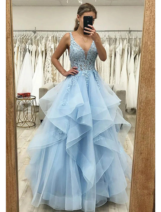 Ball Gown A-Line Prom Dresses Princess Dress Formal Prom Floor Length Sleeveless V Neck Tulle Backless with Pleats Ruched Appliques by YiHuiw