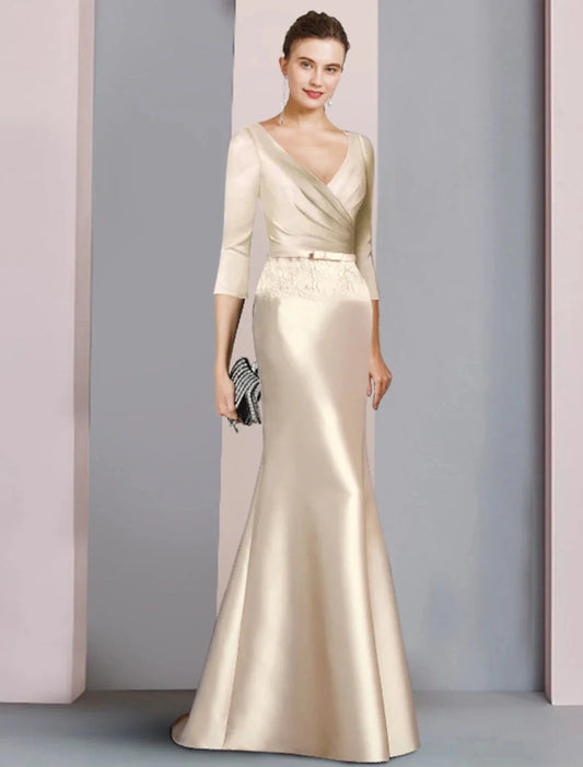 Sheath / Column Mother of the Bride Dress Wedding Guest Vintage Elegant V Neck Floor Length Satin Lace 3/4 Length Sleeve with Sash / Ribbon Bow(s) by YiHuiw