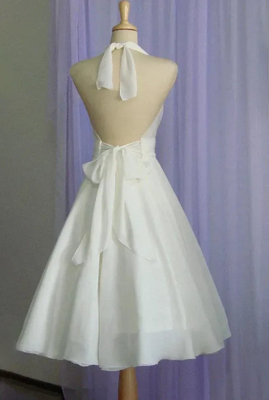 A-Line Halter Sleeveless Tea-Length Wedding Dress - Yihuiw by Yihuiw