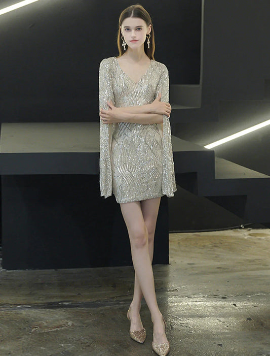 Sheath / Column Sparkle Elegant Homecoming Cocktail Party Dress V Neck Long Sleeve Short / Mini Sequined with Sequin Slit by YiHuiw
