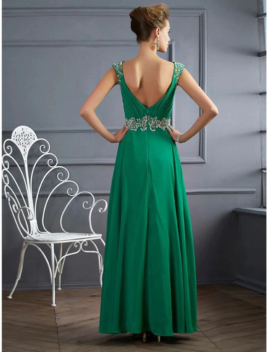 A-Line Evening Gown Sparkle & Shine Dress Formal Floor Length Sleeveless V Neck Chiffon with Rhinestone Ruched by YiHuiw
