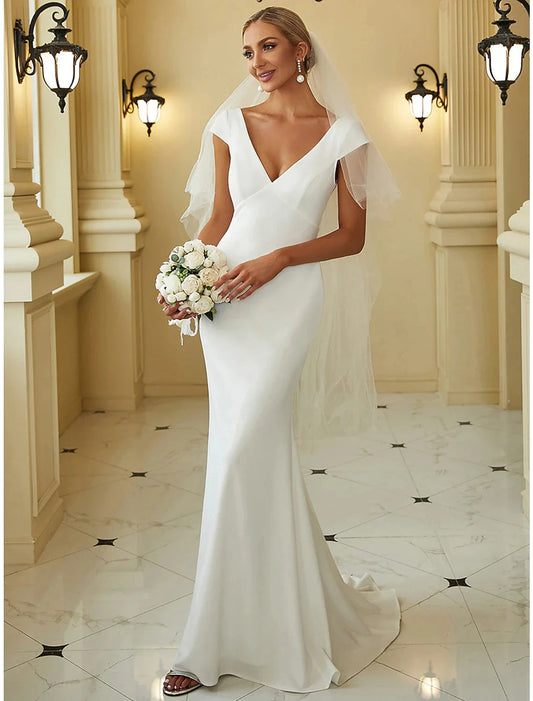 Reception Casual Wedding Dresses Mermaid / Trumpet V Neck Cap Sleeve Sweep / Brush Train Fabric Bridal Gowns With Draping Solid Color Summer Wedding Party Women's Clothing by YiHuiw