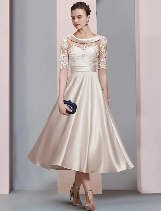 Mother of the Bride Dress A-Line Fall Wedding Guest Dresses Vintage Elegant Scoop Neck Tea Length Satin Lace Half Sleeve with Ruched Appliques by YiHuiw