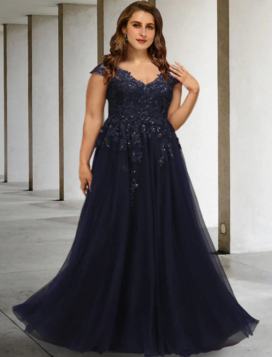 A-Line Mother of the Bride Dresses Plus Size Hide Belly Curve Vintage Dress Formal Floor Length Short Sleeve V Neck Tulle with Sequin Appliques by YiHuiw