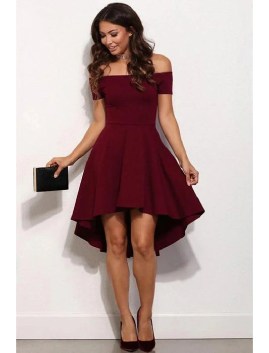 A-Line Fairy Cute Homecoming Party Dress Dress Off Shoulder Short Sleeve Short / Mini Satin with Pure Color by YiHuiw