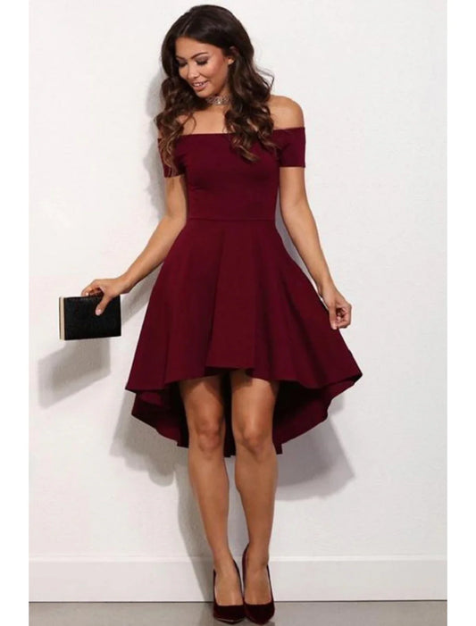 A-Line Fairy Cute Homecoming Party Dress Dress Off Shoulder Short Sleeve Short / Mini Satin with Pure Color