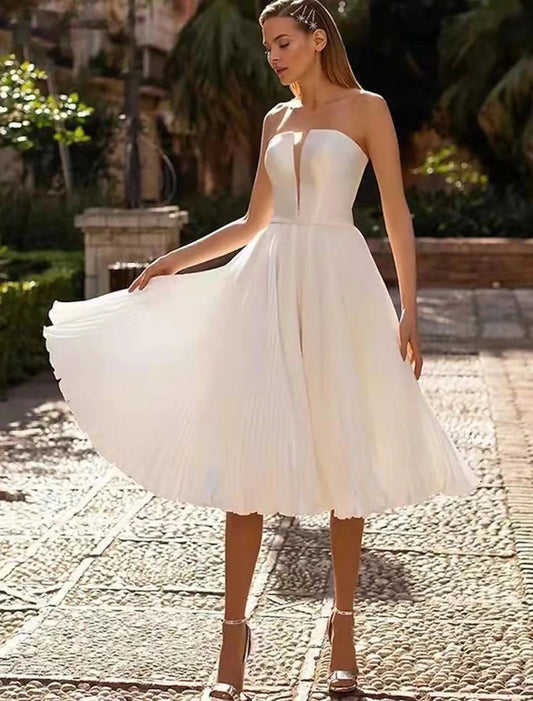 Reception Little White Dresses Wedding Dresses A-Line Sweetheart Strapless Tea Length Satin Bridal Gowns With Sash / Ribbon Solid Color Summer Wedding Part Women's Clothing by YiHuiw