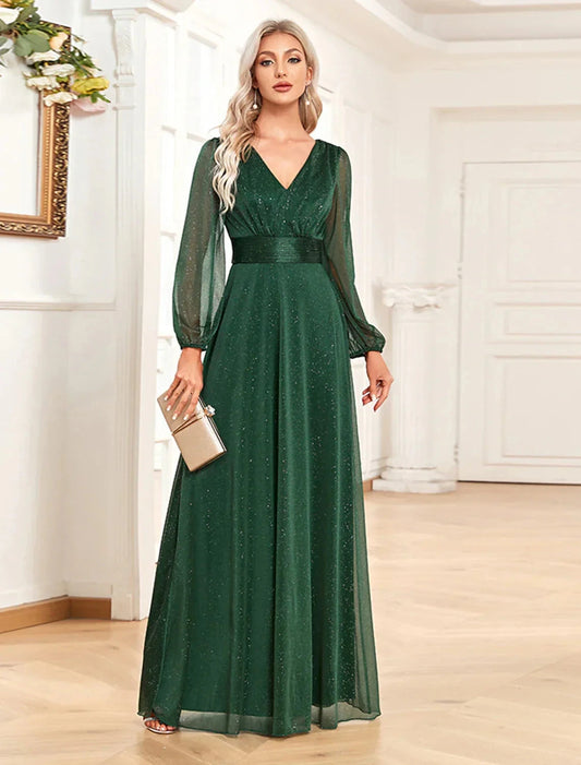 A-Line Evening Gown Elegant Dress Formal Floor Length Long Sleeve V Neck Chiffon with Sequin by YiHuiw