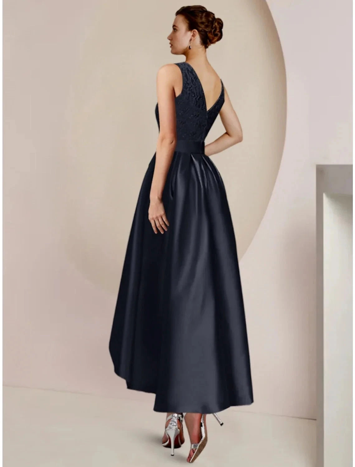 Sheath / Column Mother of the Bride Dress Wedding Guest Minimalist Elegant Scoop Neck Asymmetrical Ankle Length Satin Lace Half Sleeve with Pleats Solid Color by YiHuiw