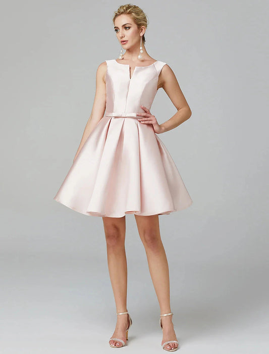 A-Line Cute Dress Homecoming Graduation Knee Length Sleeveless V Wire Satin with Bow(s) Pleats by YiHuiw