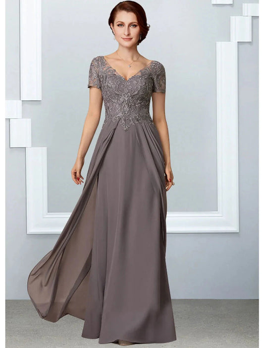A-Line Mother of the Bride Dress Elegant V Neck Floor Length Chiffon Lace Short Sleeve with Pleats Appliques by YiHuiw