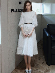 A-Line Cocktail Dresses Princess Dress Cocktail Party Valentine's Day Tea Length 3/4 Length Sleeve Jewel Neck Nylon with Sash / Ribbon Pure Color